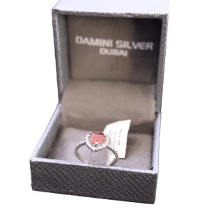 Ladies Silver Heart Ring with Coral Red Stone